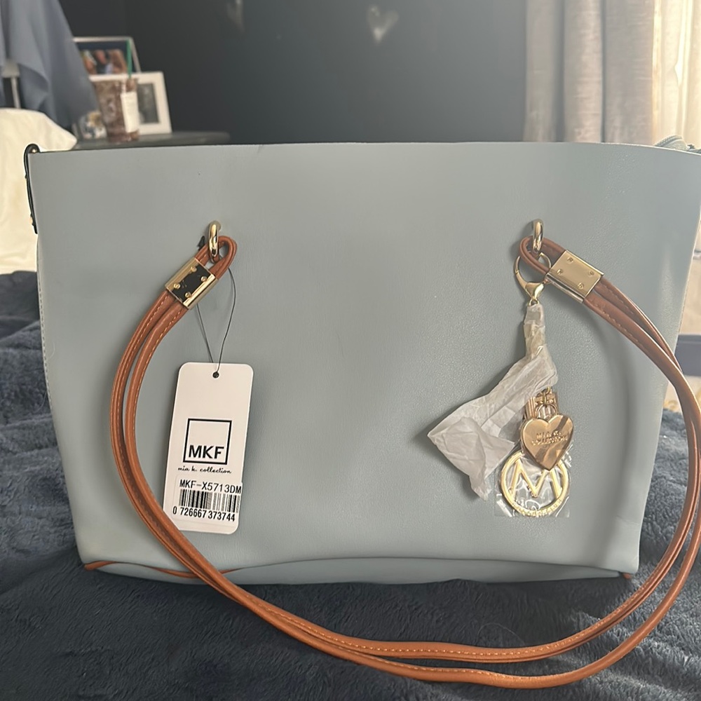MFK mia k. collection blue and brown leather handbag with gold hardware BNWT